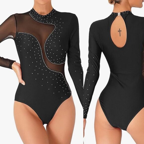 Iefiel Dance costume bodysuit leotard black mesh long sleeve rhinestone adult S - Picture 1 of 10